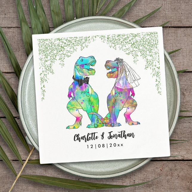 Guardanapo De Papel Casamento de Tema Dinossauro (Colorful dinosaur themed wedding funny T-Rex bride and groom Jurassic jungle foliage custom napkin)