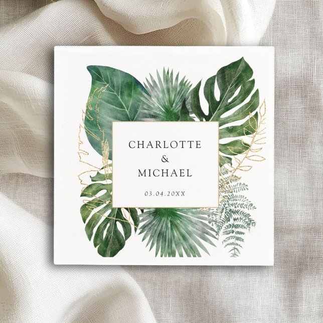 Guardanapo De Papel Casamento de tendências de plantas Elegantes Tropi (Tropical Elegant Plant Trending Wedding Napkins with your name and date.)