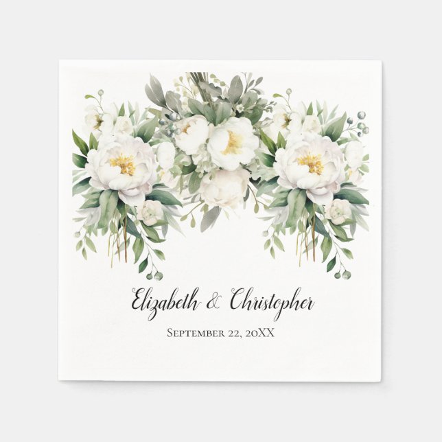 Guardanapo De Papel Casamento de Verde Floral Branco Personalizado (Frente)