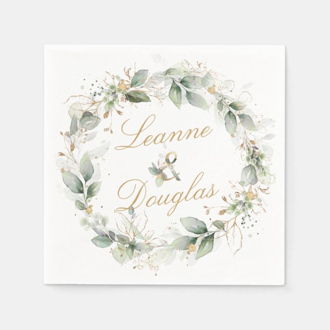 Guardanapo De Papel Casamento de Wreath verde e dourado (Frente)