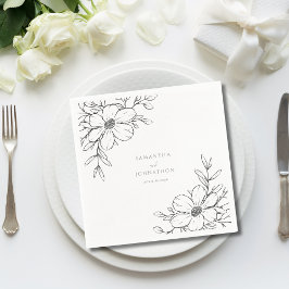 Guardanapo De Papel Casamento Desenho Linear Floral Preto Branco Moder