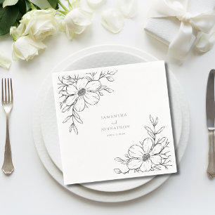 Guardanapo De Papel Casamento Desenho Linear Floral Preto Branco Moder