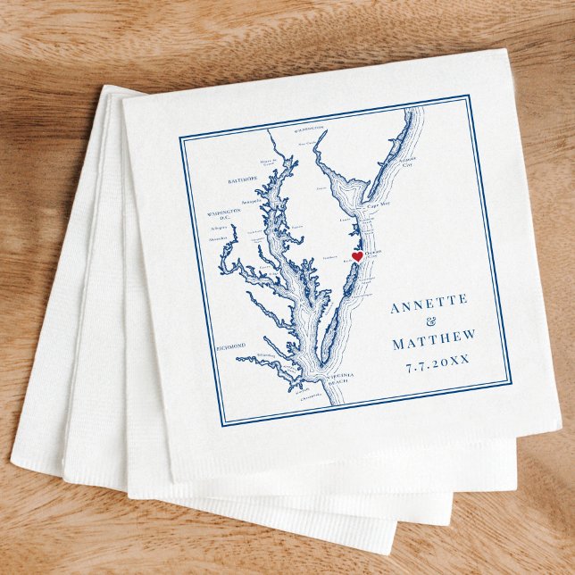 Guardanapo De Papel Casamento do Mapa Azul do Marinho Elegante da Ocea (These Ocean City, MD map cocktail napkins are perfect for your Maryland destination wedding.)