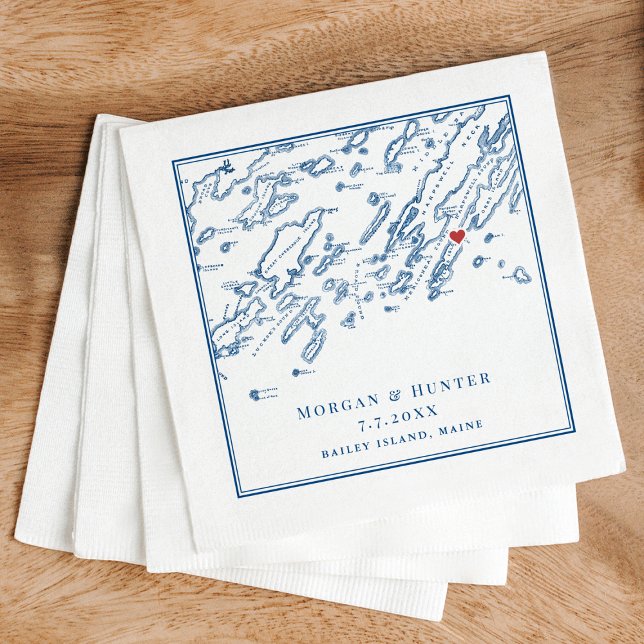Guardanapo De Papel Casamento do Marinho da Baía de Maine Casco, Ilha  (Bailey Island Maine Map Napkins for an elegant navy blue Casco Bay Wedding by Coastal Map Designs)