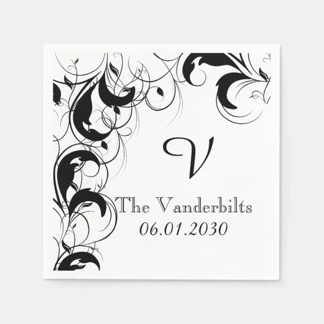 Guardanapo De Papel Casamento do Monograma Branco e Negro (Frente)