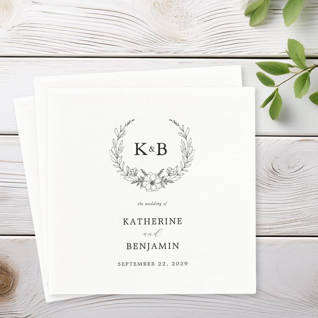 Guardanapo De Papel Casamento do monograma de coroa floral elegante (Criador carregado)