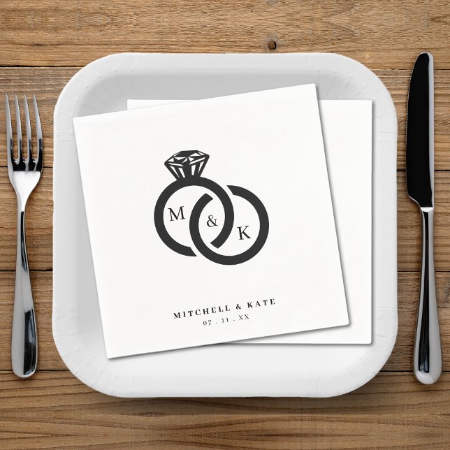 Guardanapo De Papel Casamento do Monograma do Anel de Diamante Branco  (White & Black Diamond Ring Monogram Wedding Napkins)