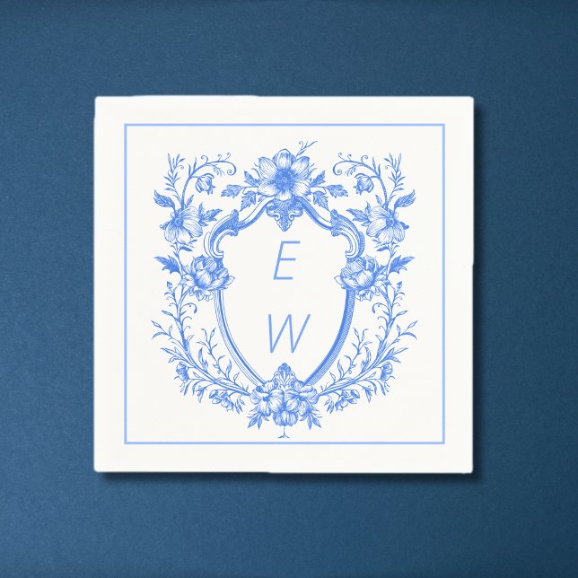 Guardanapo De Papel Casamento do Monograma do Paixão Azul Elegante (Elegant Blue Crest Monogram Wedding Napkins)