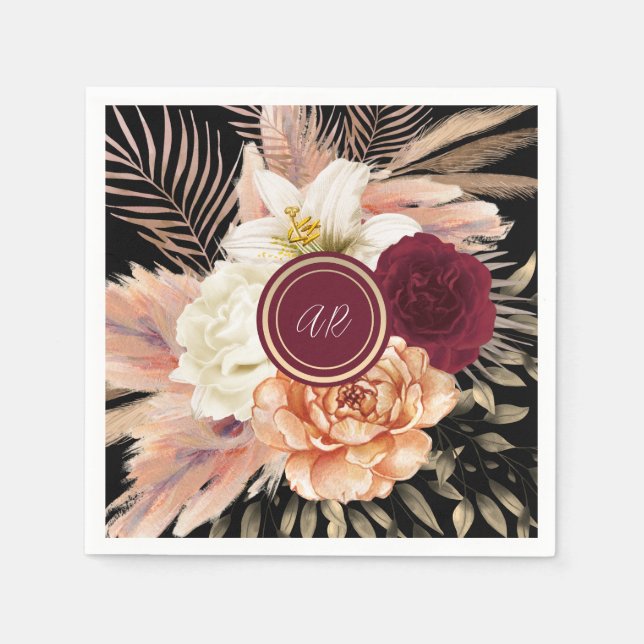 Guardanapo De Papel Casamento do Monograma Floral Negro (Frente)