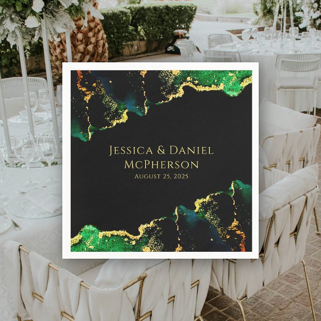 Guardanapo De Papel Casamento Dourado Abstrato Verde Único (Unique Abstract Green Black Gold Wedding Napkins)