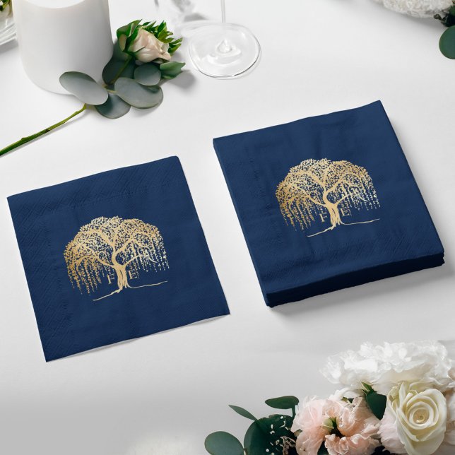 Guardanapo De Papel Casamento Dourado Azul de Marinho de Árvore Selvag (Bold Modern Willow Tree Navy Blue Gold Wedding Napkins)