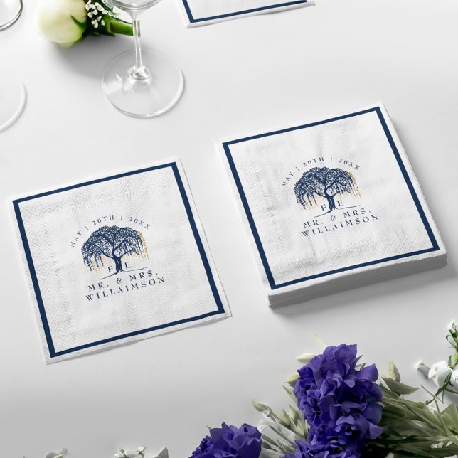 Guardanapo De Papel Casamento Dourado Azul de Marinho de Árvore Selvag (Bold Modern Willow Tree Navy Blue Gold Wedding Napkins)