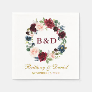 Guardanapo De Papel Casamento Dourado Azul Floral Wreath Burgundy