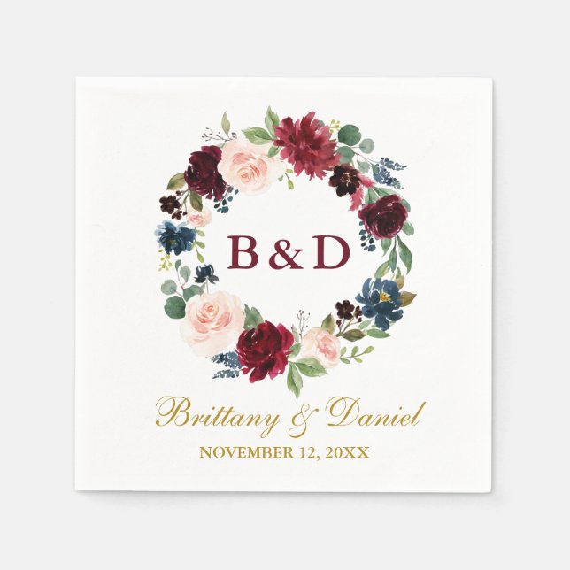 Guardanapo De Papel Casamento Dourado Azul Floral Wreath Burgundy (Frente)