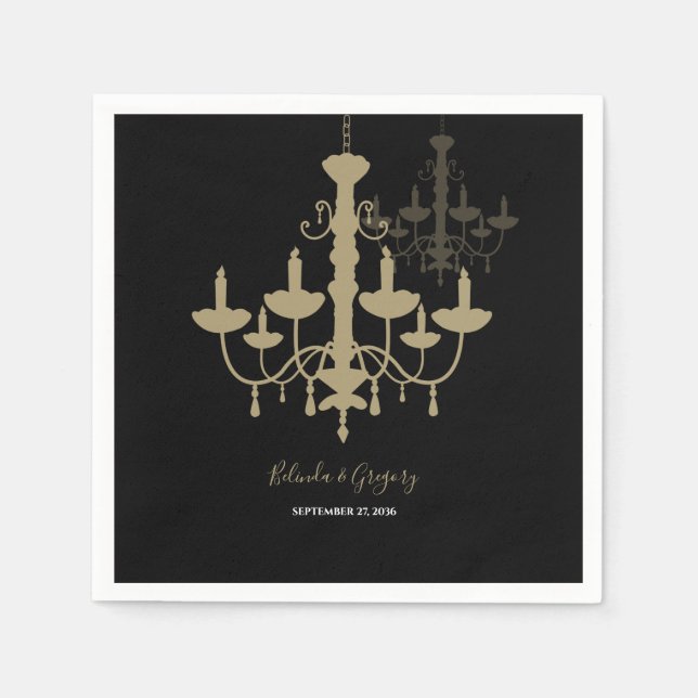 Guardanapo De Papel Casamento Dourado Chandelier Negro (Frente)