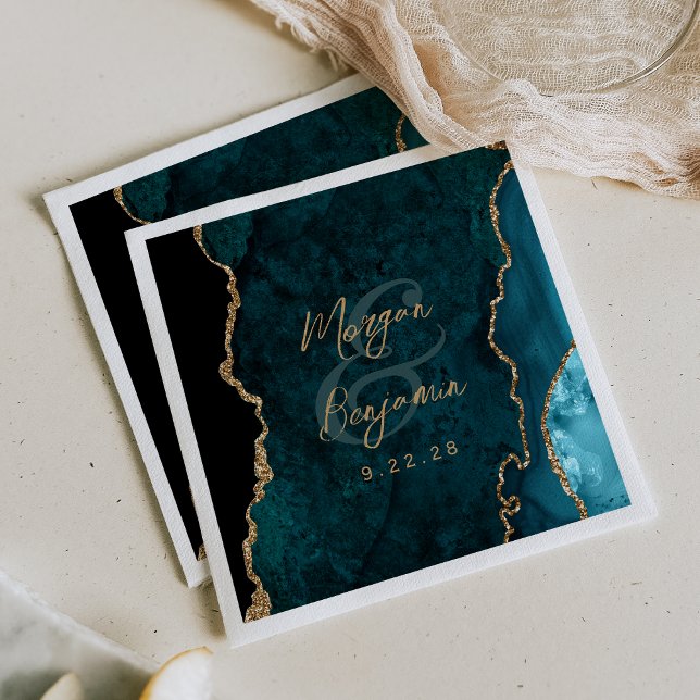 Guardanapo De Papel Casamento Dourado com Script Teal Blue Agate (Criador carregado)