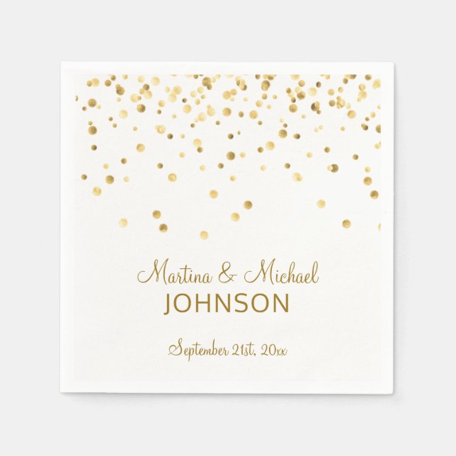 Guardanapo De Papel Casamento Dourado de Confetti Branco Elegante (Frente)