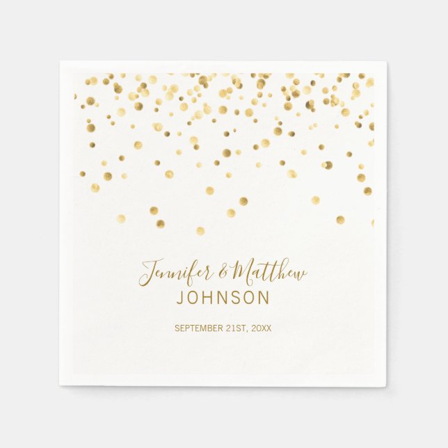 Guardanapo De Papel Casamento Dourado de Confetti Branco Elegante (Frente)