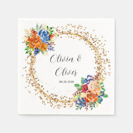 Guardanapo De Papel Casamento Dourado de luxo e Floral Azul Laranja