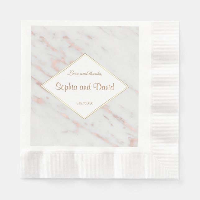 Guardanapo De Papel Casamento Dourado de Marble com Rosa de Diamante E (Frente)