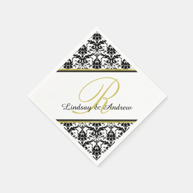 Guardanapo De Papel Casamento Dourado de Monograma Branco com Damasco  (Canto)