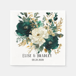 Guardanapo De Papel Casamento Dourado de Peonies Emerald Green e White