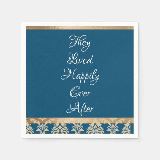 Guardanapo De Papel Casamento Dourado de Script Azul Damasco (Frente)
