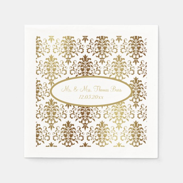 Guardanapo De Papel Casamento Dourado de Script Branco Damask Elegante (Frente)