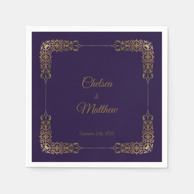 Guardanapo De Papel Casamento Dourado Decorativo de Casamentos Roxos N (Frente)