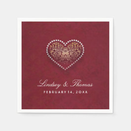 Guardanapo De Papel Casamento Dourado e Coração Floral Branco Maroon R
