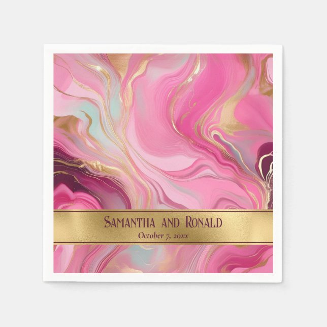 Guardanapo De Papel Casamento Dourado e rosa marmoreado Elegante Faux (Frente)