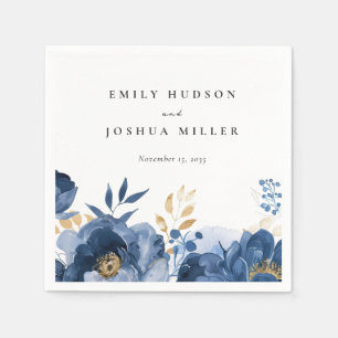 Guardanapo De Papel Casamento Dourado Floral Azul-Sujo