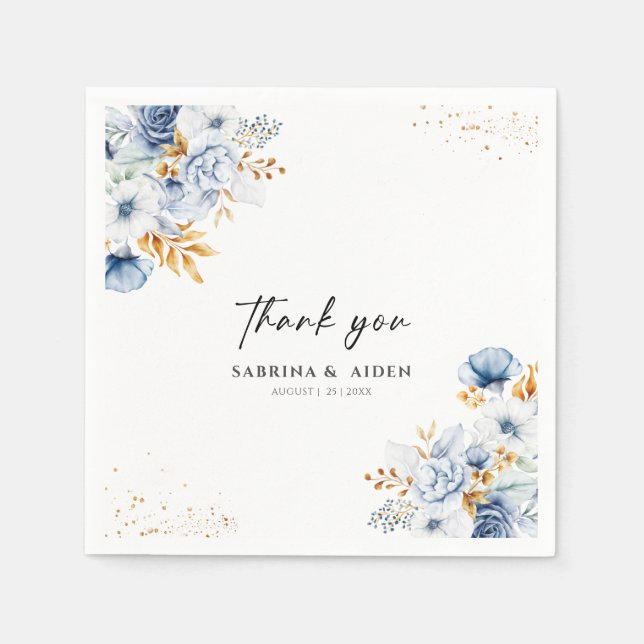 Guardanapo De Papel Casamento Dourado Floral Branco Dusty Blue (Frente)