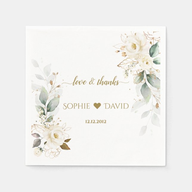 Guardanapo De Papel Casamento Dourado Floral Branco Verde (Frente)