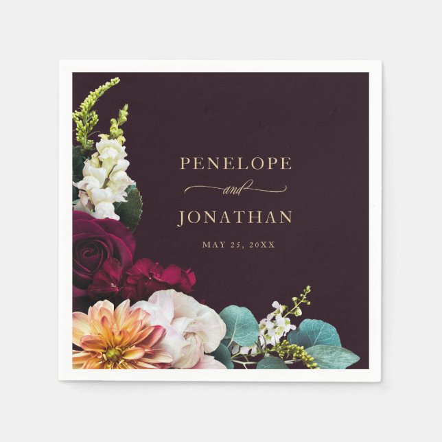 Guardanapo De Papel Casamento Dourado Floral de Autumn, Elegante Burgu (Frente)