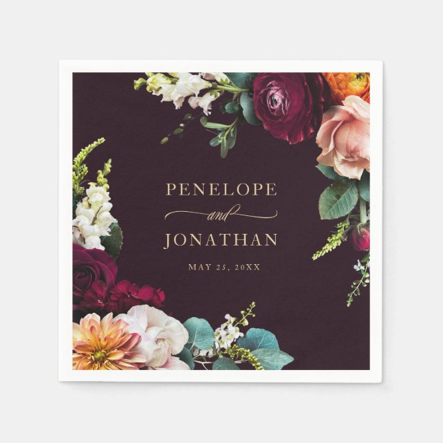 Guardanapo De Papel Casamento Dourado Floral Elegante Burgundy (Frente)