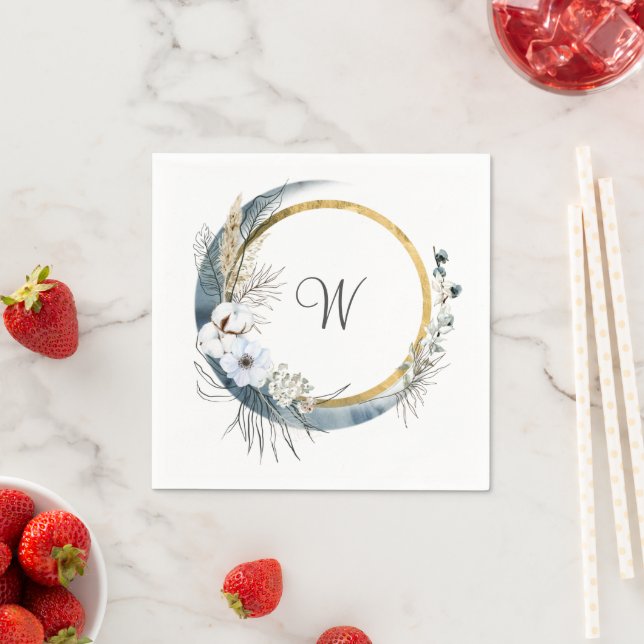 Guardanapo De Papel Casamento Dourado Floral Monograma Boho Azul (Insitu)