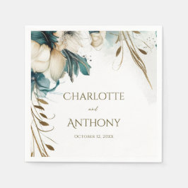 Guardanapo De Papel Casamento Dourado Mínimo Teal Elegante Greenery Fl