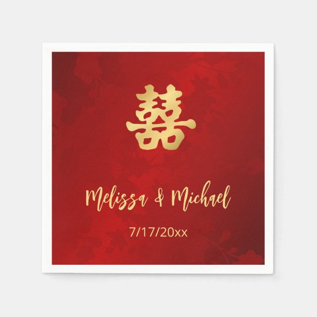 Guardanapo De Papel Casamento Dourado Vermelho Chinês Personalizado (Frente)