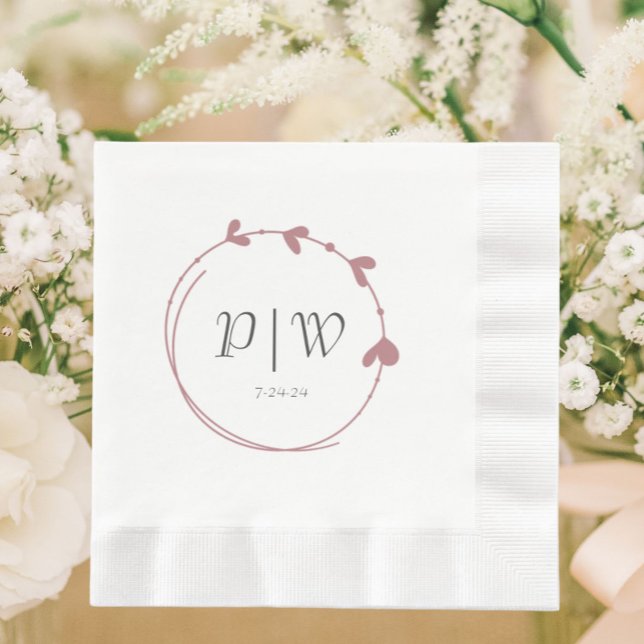 Guardanapo De Papel Casamento Dusty Rosa Simple Heart Wreath Monograma (In Situ Wedding)