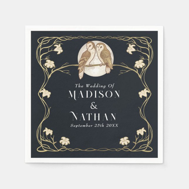 Guardanapo De Papel Casamento Elegante Art Nouveau Owls (Frente)