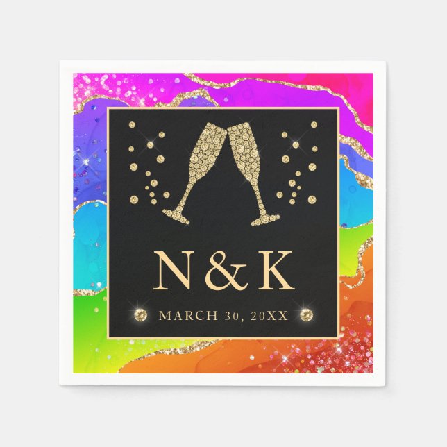 Guardanapo De Papel Casamento Elegante com Ágata Arco-Íris e Dourado (Frente)