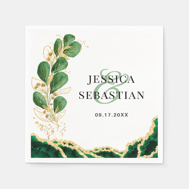 Guardanapo De Papel Casamento Elegante com Eucalipto Branco, Esmeralda (Frente)