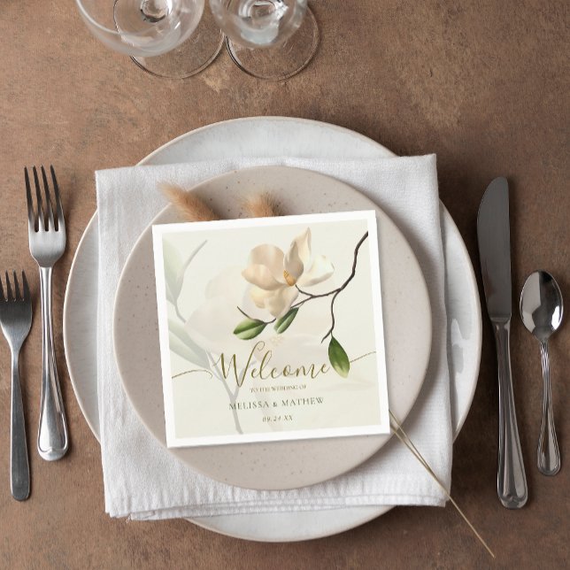 Guardanapo De Papel Casamento Elegante da Magnésia Branca Oriental (Elegant Oriental White Magnolia Wedding Napkins)