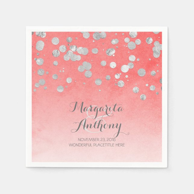 Guardanapo De Papel Casamento Elegante de Coral e Prata (Frente)