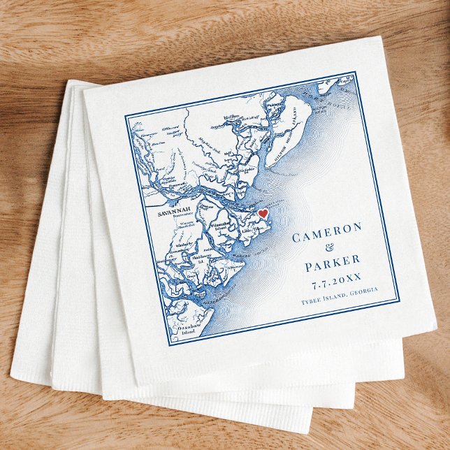 Guardanapo De Papel Casamento Elegante de Marinhos do Mapa da Ilha de  (Elegant Tybee Island Georgia Wedding cocktail napkins with navy blue map from Coastal Map Designs)