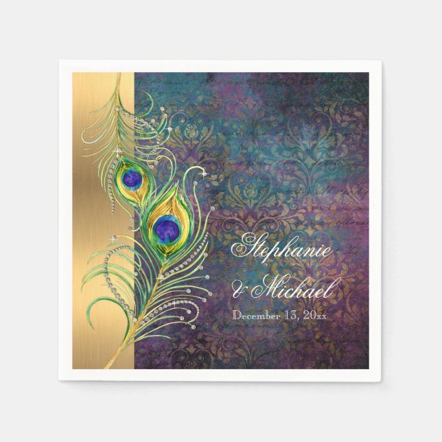 Guardanapo De Papel Casamento Elegante de Penas Peacock Jewel Scrolls (Frente)