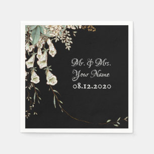 Guardanapo De Papel Casamento Elegante de Script Garland Preto Floral