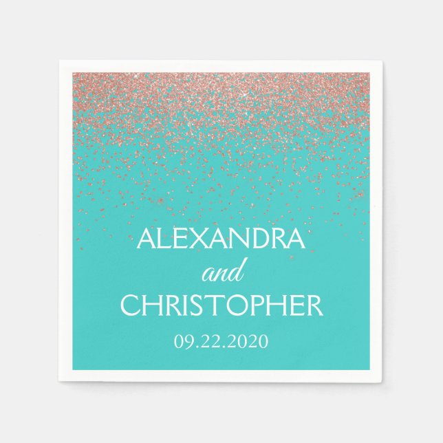 Guardanapo De Papel Casamento Elegante de Teal e Rosa Dourado Glitter  (Frente)