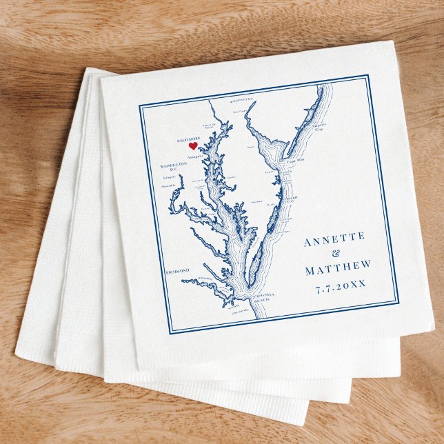 Guardanapo De Papel Casamento Elegante do Mapa da Baía de Chesapeake d (These Baltimore Maryland Map napkins are perfect for your Chesapeake Bay Destination Wedding)